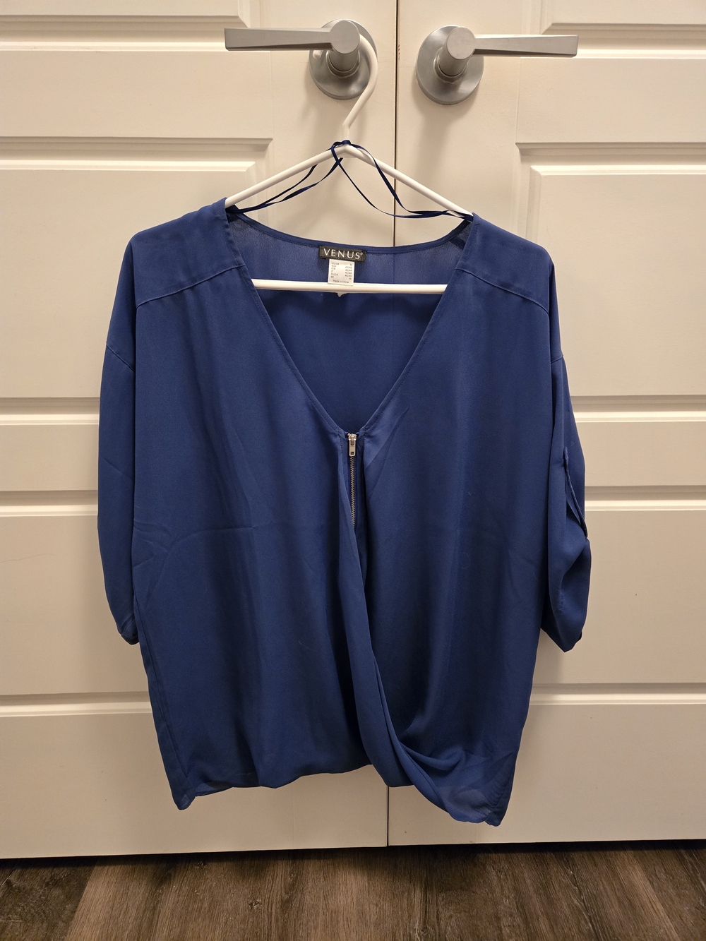 VENUS Cobalt BLUE V-Neck Zip Front Draped Twist Hem Blouse